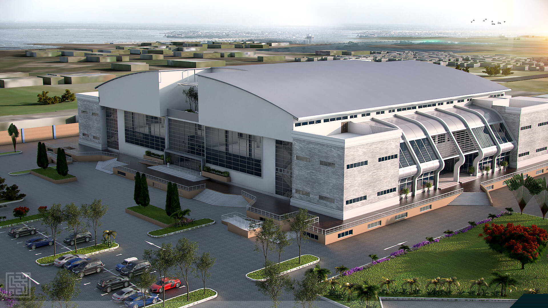 Large modern industrial building with a curved aluminium roof